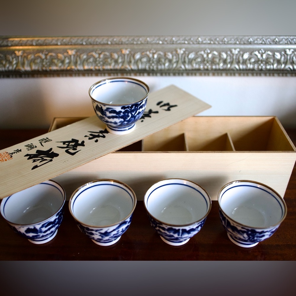Stunning authentic vintage Japanese tea set in box 5 cups hand painted porcelain